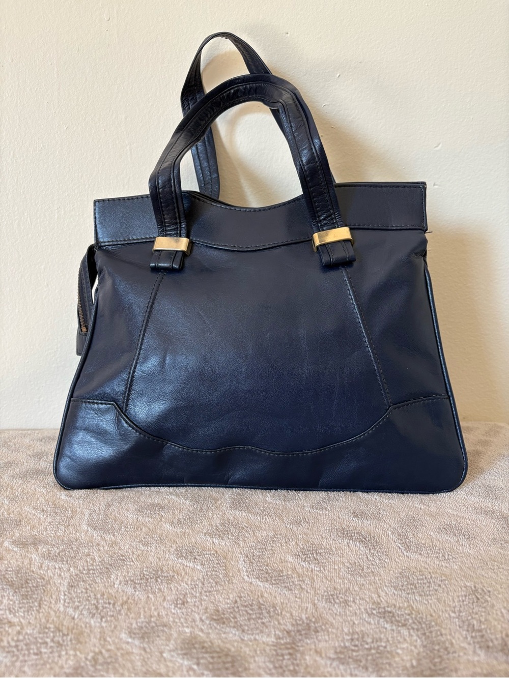 Vintage Made in Italy Genuine Leather Tote Satchel Bag Navy Black